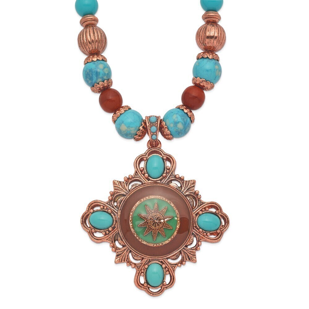 Copper-tone Frame, Aqua Enamel Aqua, Brown Acrylic Beads 16" Necklace
